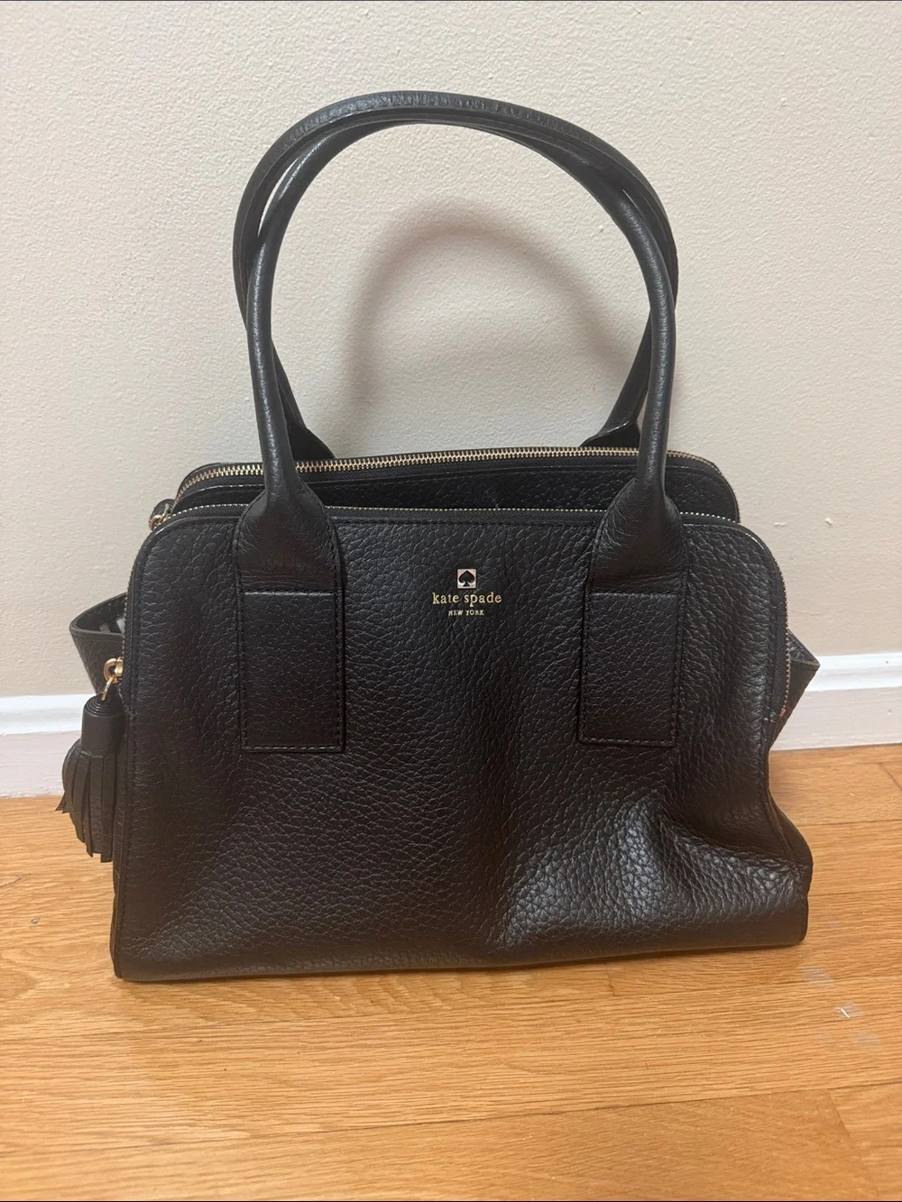 kate spade Black Pebbled Leather Satchel with Tassel